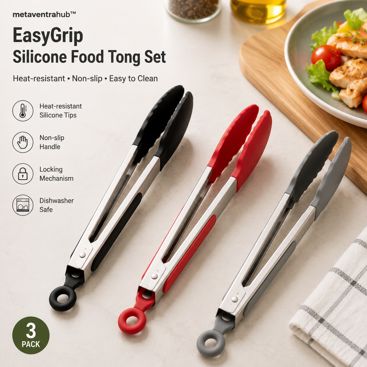 metaventrahub™ EasyGrip Silicone Food Tong Set