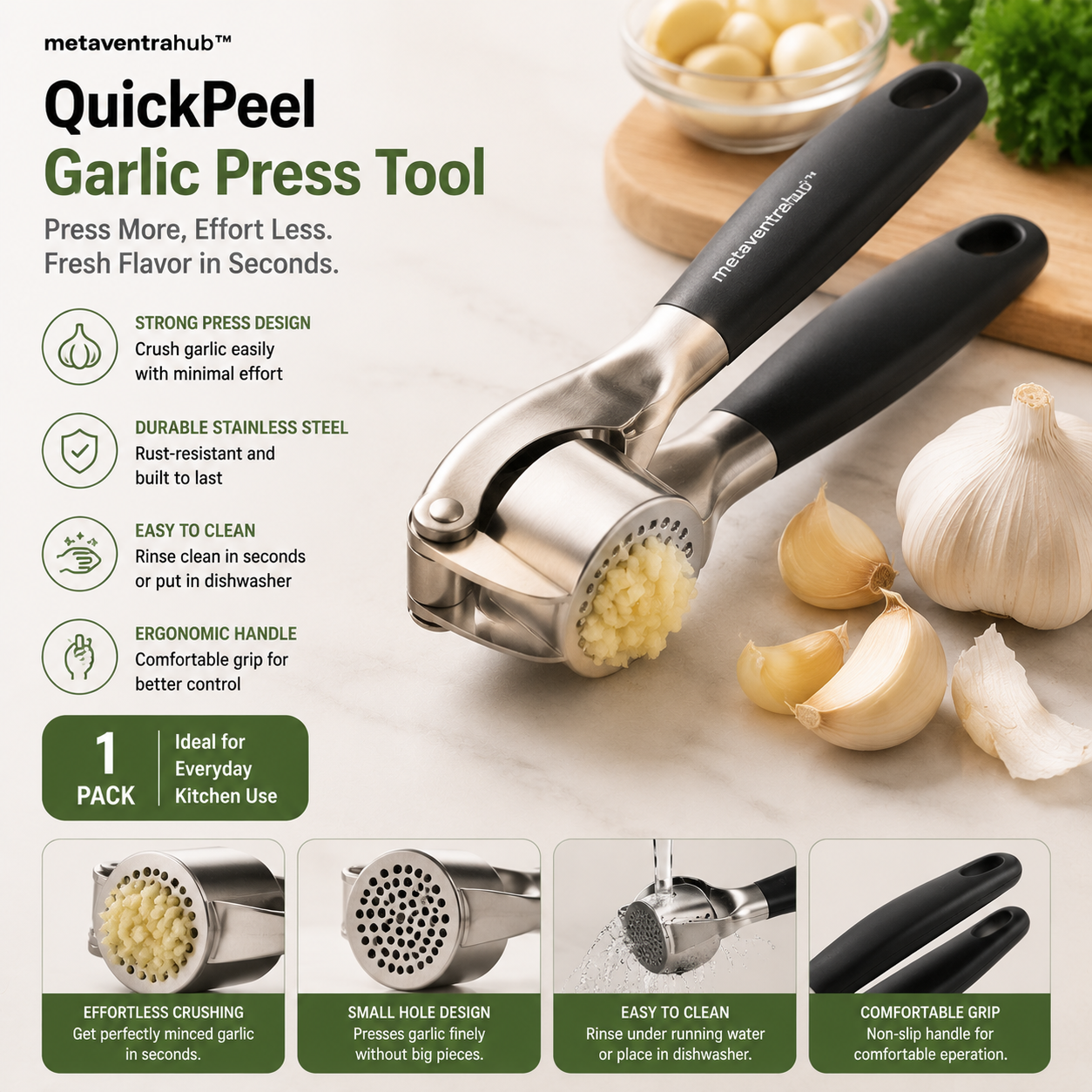metaventrahub™ QuickPeel Garlic Press Tool